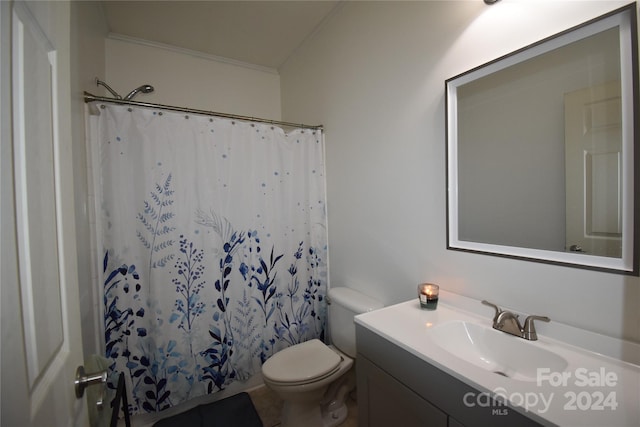 bathroom featuring toilet, vanity, and walk in shower