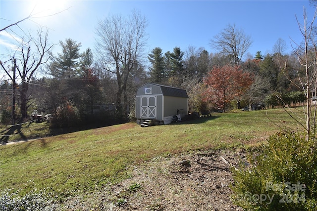 view of yard featuring a storage shed