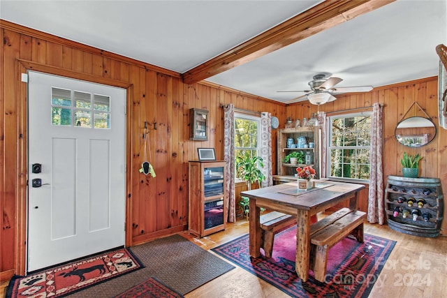 dining room featuring crown molding, wooden walls, ceiling fan, and light hardwood / wood-style floors