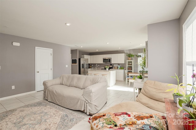 tiled living room with sink