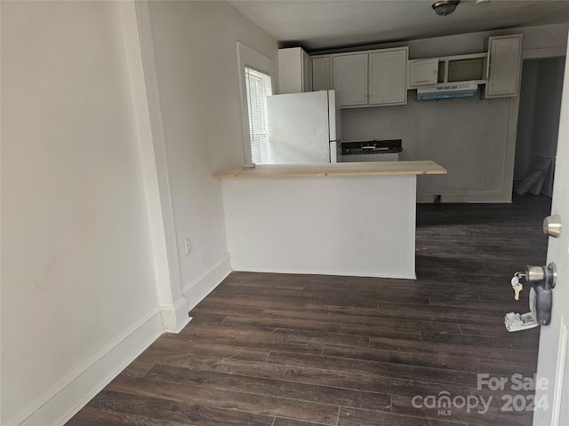 kitchen featuring white fridge, dark hardwood / wood-style flooring, stove, and kitchen peninsula