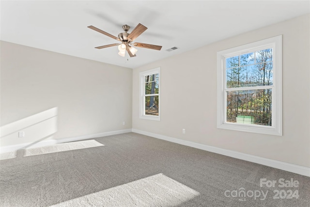 carpeted empty room featuring a wealth of natural light and ceiling fan