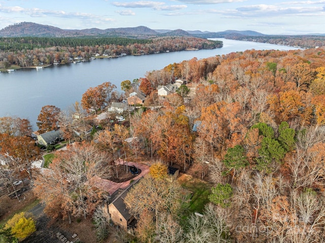 aerial view featuring a water and mountain view