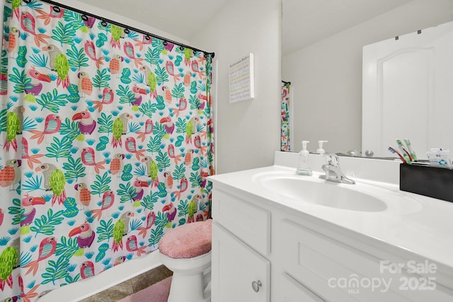 bathroom featuring vanity, toilet, and a shower with curtain