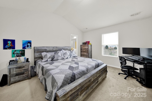 bedroom with visible vents, baseboards, carpet flooring, and vaulted ceiling