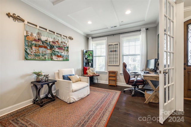 office space featuring french doors, dark hardwood / wood-style flooring, and ornamental molding