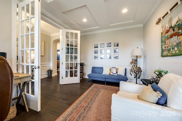 living room with french doors, dark hardwood / wood-style floors, and ornamental molding