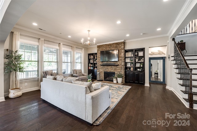 living room with a fireplace, crown molding, and dark wood-type flooring