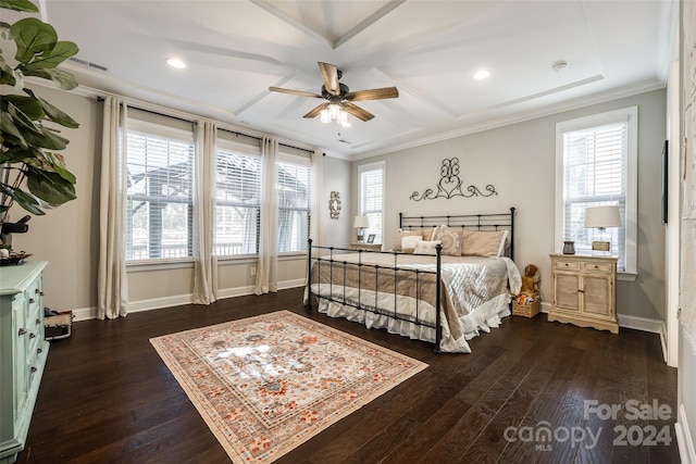 bedroom with ceiling fan, dark wood-type flooring, and multiple windows