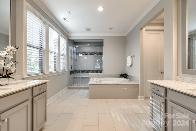 bathroom with tile patterned flooring, vanity, ornamental molding, and plus walk in shower