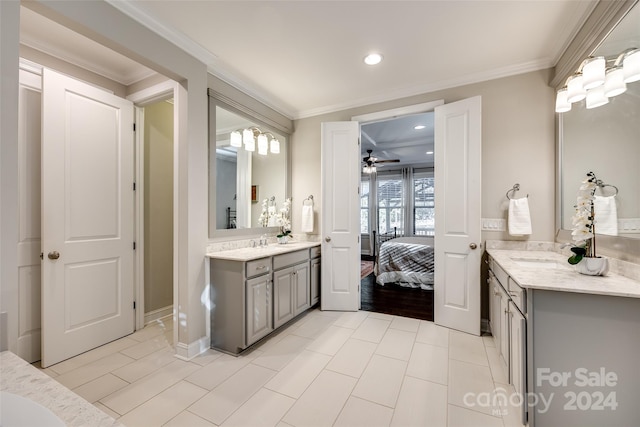 bathroom with hardwood / wood-style floors, vanity, ceiling fan, and crown molding