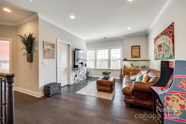 living room featuring dark hardwood / wood-style flooring and ornamental molding