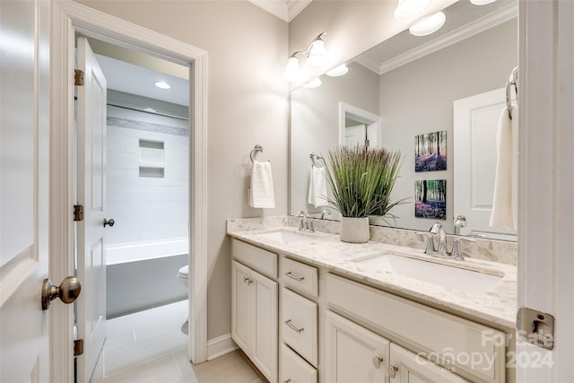 bathroom featuring tile patterned flooring, vanity, toilet, and ornamental molding