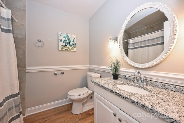 bathroom featuring wood-type flooring, vanity, and toilet