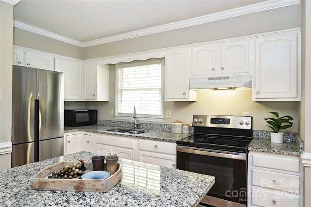 kitchen with light stone countertops, sink, appliances with stainless steel finishes, white cabinets, and ornamental molding