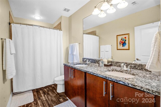 bathroom with hardwood / wood-style flooring, vanity, and toilet