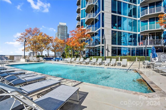 view of swimming pool with a patio