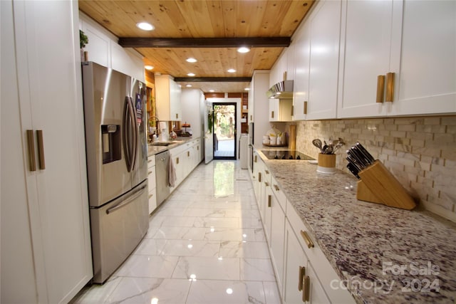 kitchen with white cabinets, wood ceiling, and stainless steel appliances