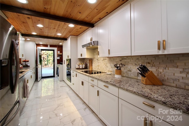 kitchen featuring appliances with stainless steel finishes, light stone counters, wood ceiling, beam ceiling, and white cabinetry