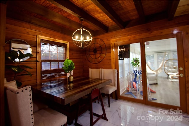 dining space with wood ceiling, wooden walls, beamed ceiling, and a chandelier