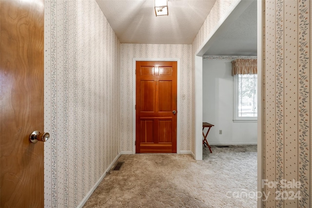 hallway with carpet and a textured ceiling