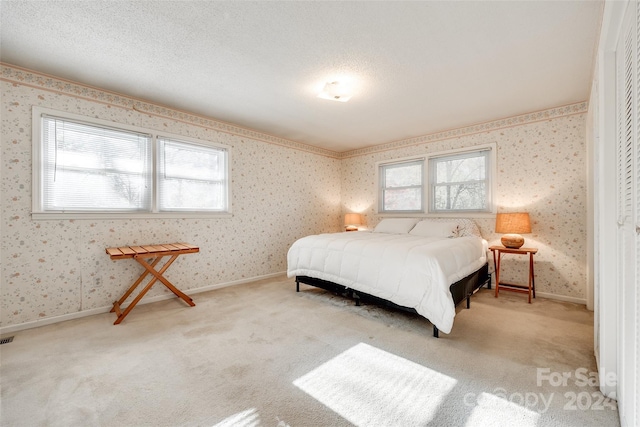 carpeted bedroom with a textured ceiling