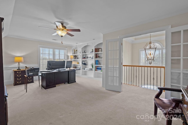 living room featuring light carpet, french doors, ceiling fan, and ornamental molding