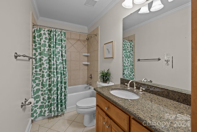 full bathroom featuring vanity, tile patterned floors, crown molding, toilet, and shower / tub combo with curtain