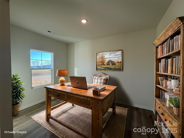 office area with dark hardwood / wood-style floors