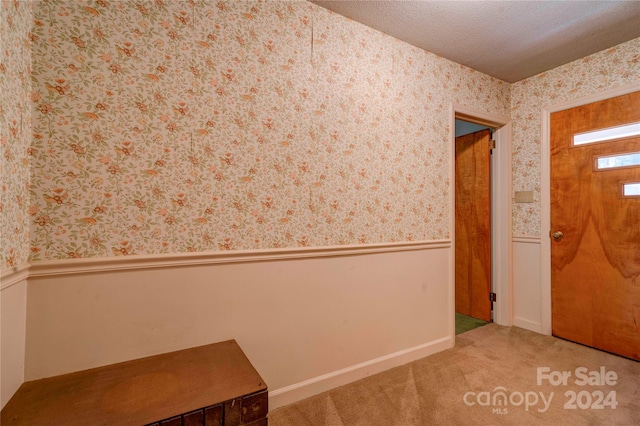 entryway with carpet floors and a textured ceiling