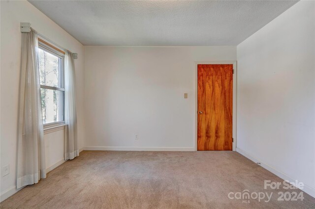 empty room featuring a textured ceiling and light colored carpet