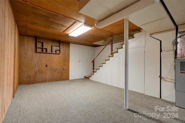 basement featuring wood walls and carpet