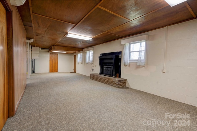 basement featuring carpet and wood walls