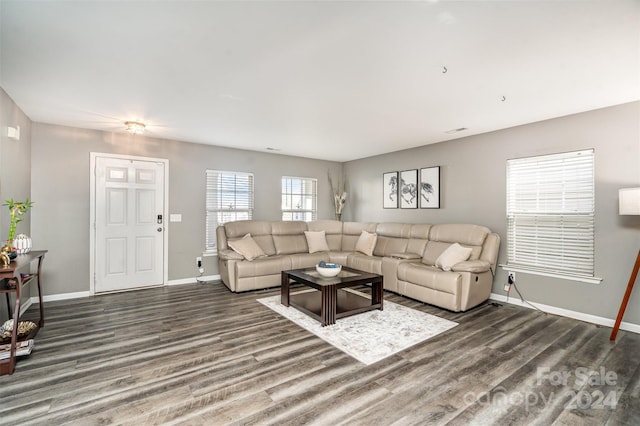 living room featuring dark wood-type flooring