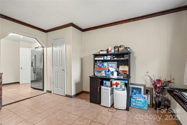 tiled office with ornamental molding and wood walls