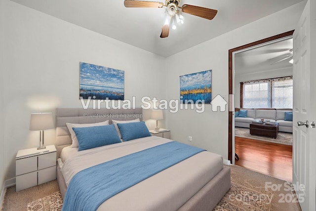 bedroom featuring carpet flooring and ceiling fan