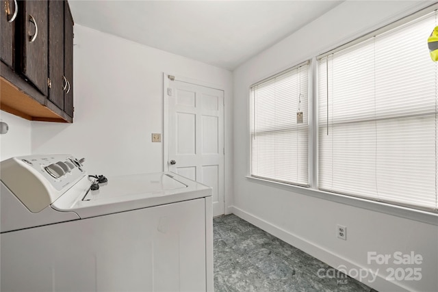 washroom with washer and clothes dryer and cabinets