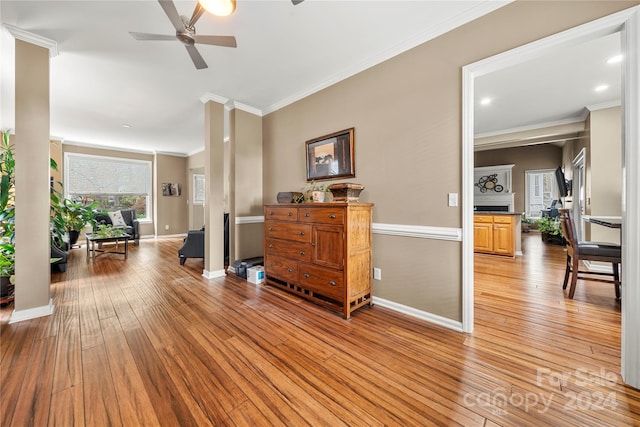 interior space featuring light hardwood / wood-style floors, ceiling fan, and ornamental molding