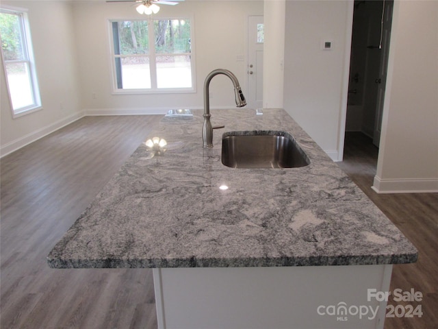 kitchen featuring light stone countertops, dark hardwood / wood-style flooring, a wealth of natural light, and sink