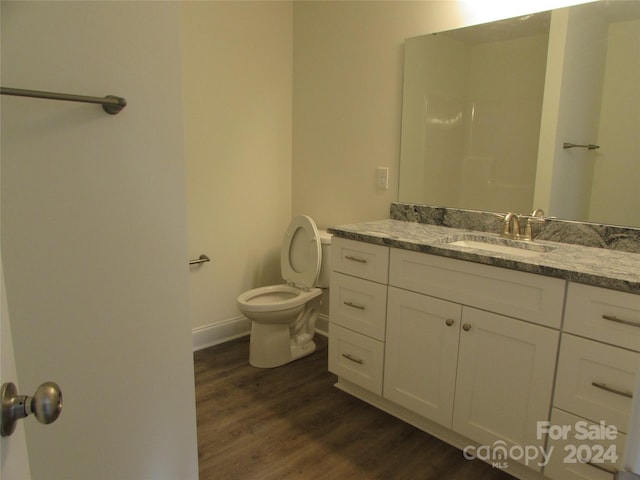 bathroom with vanity, wood-type flooring, and toilet