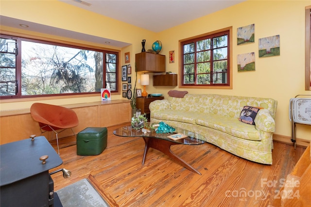 living room with plenty of natural light and wood-type flooring