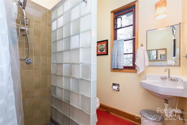 bathroom featuring toilet, curtained shower, and sink