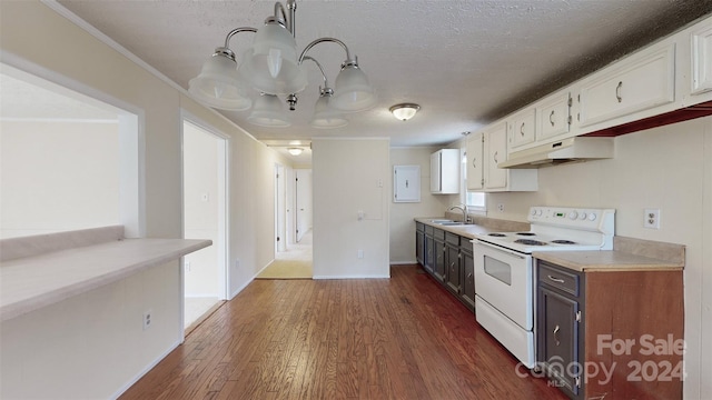 kitchen featuring sink, electric range, dark hardwood / wood-style floors, a textured ceiling, and white cabinetry