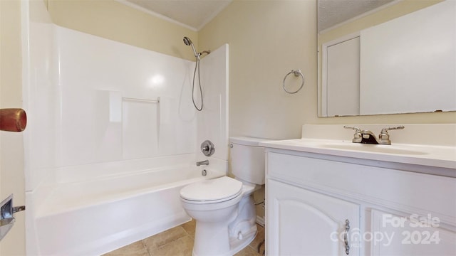 full bathroom featuring tile patterned floors, ornamental molding, vanity, a textured ceiling, and  shower combination