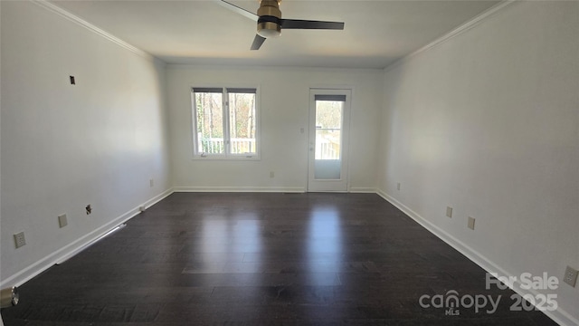 unfurnished room with baseboards, a ceiling fan, dark wood-style flooring, and crown molding