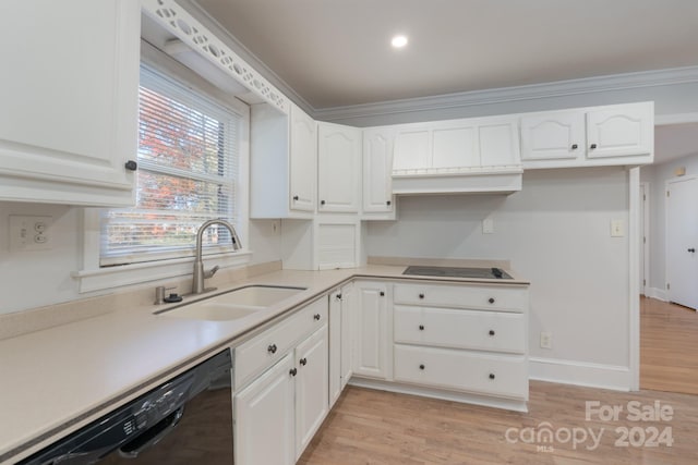 kitchen featuring light hardwood / wood-style floors, sink, white cabinetry, and black dishwasher