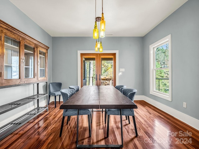 dining room featuring french doors, hardwood / wood-style flooring, and plenty of natural light