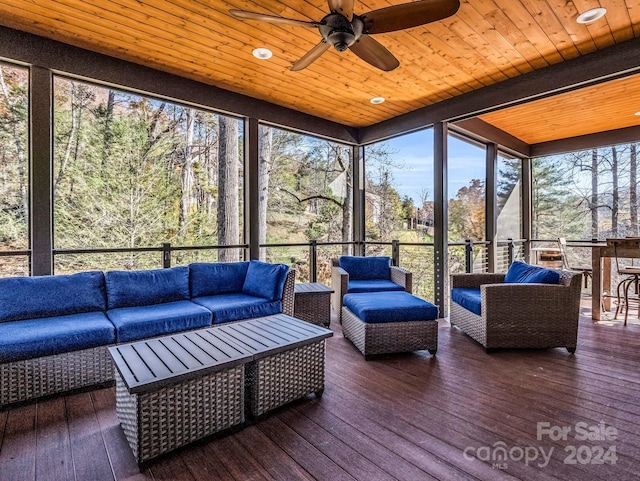 sunroom with ceiling fan and wooden ceiling