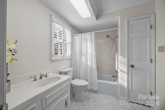 full bathroom featuring toilet, vanity, shower / tub combo, and ornamental molding