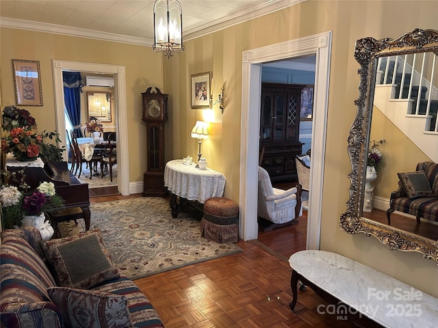 interior space featuring crown molding, parquet floors, and a chandelier